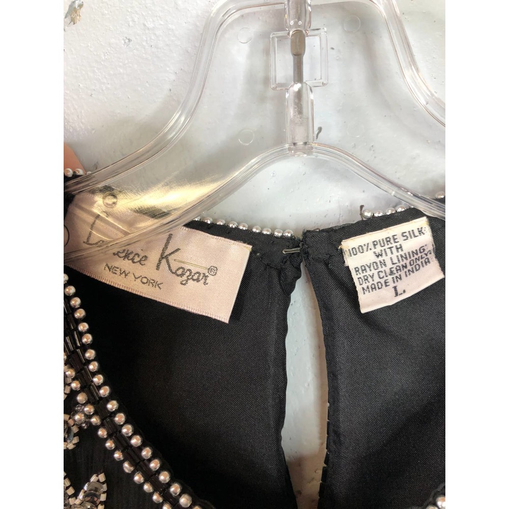 Laurence Kazar Vintage Short Sleeve silk top, Beaded, Black & Silver, Sz L - Picture 4 of 11